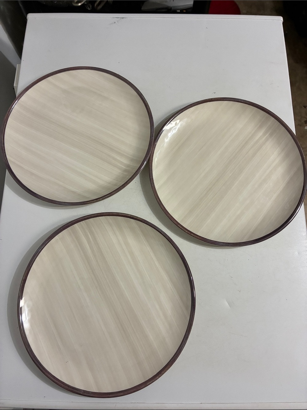(3) Ivory Tan Melamine Dinner Plates 11" Rustic Brown Edge